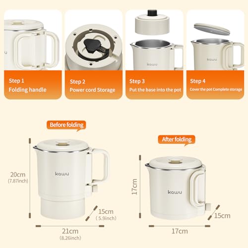 Kawu Collapsible Electric Kettle, 0.9 Qt Portable Hot Water Kettle, 600W | Travel Water Boiler with Stainless Steel Inner, 2 Heating Modes, Small Electric Tea Kettle for Camping Home Office