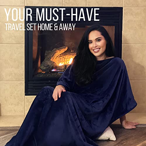 Kululu Travel Blanket and Pillow Set, Airplane Blanket Compact 2-in-1 Combo Set, Flight Essentials Poncho with Pocket, Pouch & Luggage Backpack Strap | Travelers Gifts Accessories 62"x45" (Space Blue) - color: Space Blue