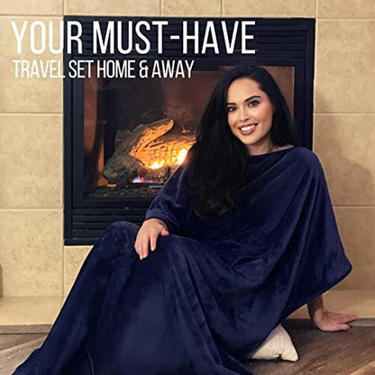 Kululu Travel Blanket and Pillow Set, Airplane Blanket Compact 2-in-1 Combo Set, Flight Essentials Poncho with Pocket, Pouch & Luggage Backpack Strap | Travelers Gifts Accessories 62"x45" (Space Blue) - color: Space Blue