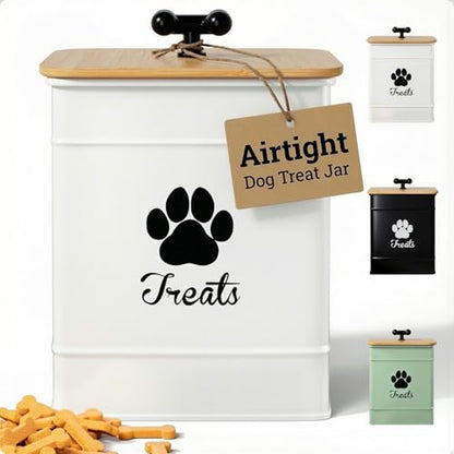 Dog Treat Container Airtight - 6 Inch Wide x 8 Inch Tall Iron Dog Treat Jar for Kitchen Counter with Airtight Bamboo Lid - 12 Cup Capacity Pet Treat Container - Doggie Cookie Jar - Big Treats Canister - color: White