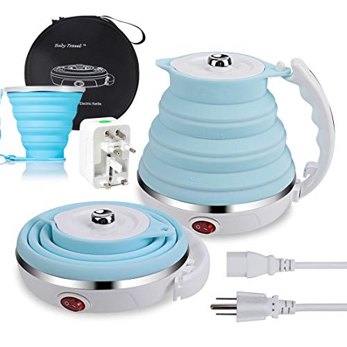 Upgrade Travel Kettle, ShineMe Food Grade Silicone Dual Voltage 110-220V Ultrathin Portable Electric Water Kettle with Cup, Universal Adaptor and Detachable Power Cord, 555ML (Blue) - color: Collapsible Kettle Blue