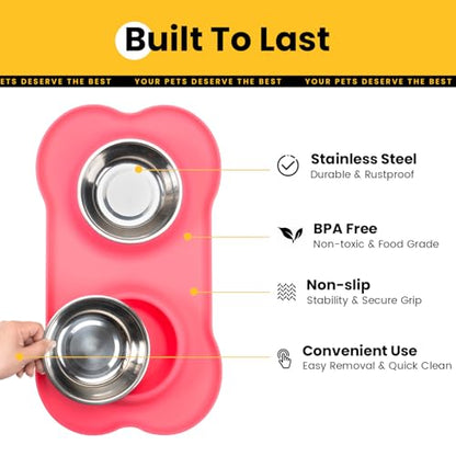 Conlun Dog Bowls with Silicone Feeding Mat,No Spill Food Water Dish Set,Dishwasher Safe,2 Stainless Steel Puppy Bowls with Dogs Bandanas,Suitable for Tiny Pets Under 8lbs,Extra Small,Pink - color: Pink, size: Extra Small-5 oz