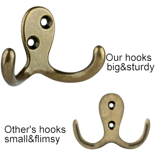IBosins 16 Pack Heavy Duty Double Prong Coat Hooks Wall Mounted Antique Brass Wall Hook Rustic Utility Hooks for Coat, Scarf, Bag, Towel, Key, Cap, Cup, Hat - color: 16 Pcs Antique Brass