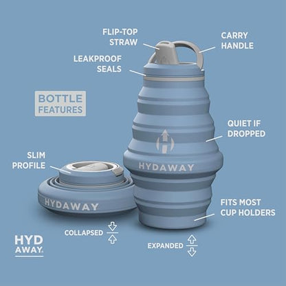HYDAWAY 17oz Travel Collapsible Water Bottle - BPA-Free, Leakproof, Lightweight, Reusable - color: Blue Ice