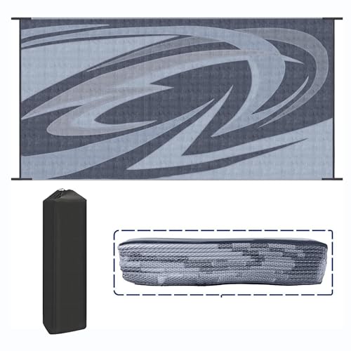 EEZ RV Products 9ft x 18ft Heavy Duty Reversible/Durable Outdoor Patio/RVing Camping Mats Come with Large Storage Bag & 6 Sets of Stakes and Washer, Wave Grey - color: Wave Grey, size: 9' x 18'