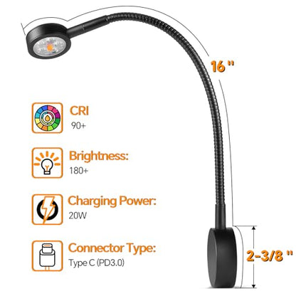 Dimmable RV Reading Light, Aluminum 12V LED Reading Light with USB-C Charger, Red Nightlight & Flexible Gooseneck & Convenient Head Switch, Designed for Camper Van Boat DC12-24V (Black)
