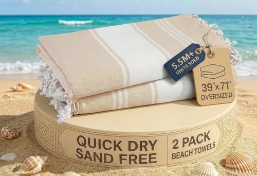 LANE LINEN Oversized Beach Towels, 2 Pack Turkish Towel Set for Adults, Lightweight, Quick Dry, Absorbent & Sand Proof, 39"x71" Pool Towels – Beige - color: 02: Beige, size: Pack of 2