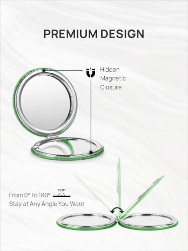 OMIRO 1X/10X Magnifying Compact Mirror with PU Leather, Ultra-Portable for Purses and Travel, Round Green - color: Green