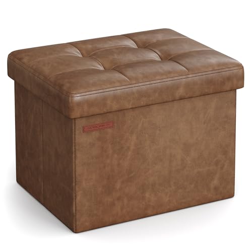 SONGMICS Small Folding Storage Ottoman, Foot Rest Stool, Cube Footrest, Synthetic Leather, 12.2 x 16.1 x 12.2 Inches, 286 lb Capacity, for Living Room, Bedroom, Dorm, Coffee Brown ULSF100K01 - color: Coffee Brown, style: Synthetic Leather