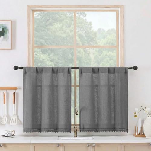 Chyhomenyc Boho Lace Kitchen Curtains 24 Inch Length - Light Filtering Faux Linen Vintage Half Window Cafe Curtains, Short Curtain Tiers for Bathroom RV Camper, 26Wx24L, 2 Pieces, Dark Grey - color: Dark Grey, size: 26"W x 24"L (Pack of 2)