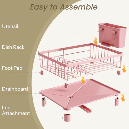 SNTD Dish Drying Rack - Small Dish Rack for Kitchen Counter, Stainless Steel Dish Drainer with Utensil Holder and Drainboard, 11" W x 15" L (Pink) - color: Pink, size: 11" W x 15" L
