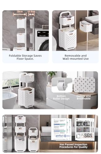 Collapsible Laundry Basket Organizer, 3-Tier Foldable Laundry Sorter with Wheels & Wall Mount, Space-Saving Slim Laundry Hamper with Removable Bins,100L Capacity for Bathroom, Dorm & Small Spaces - size: 3-Tier