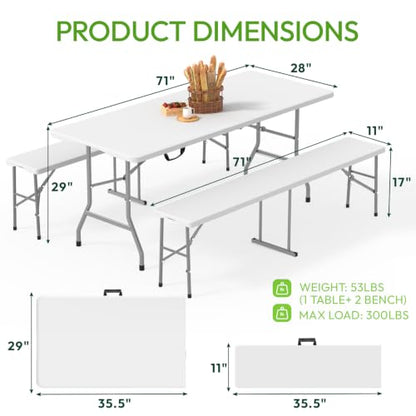 HLPB Folding Table Picnic Table Set, 6 ft Camping Table with 2 Benches, Outdoor Indoor Portable Folding Furniture for Working Meeting Party, Camping, Picnic, Weddings w/Handle and Safety Locks, White