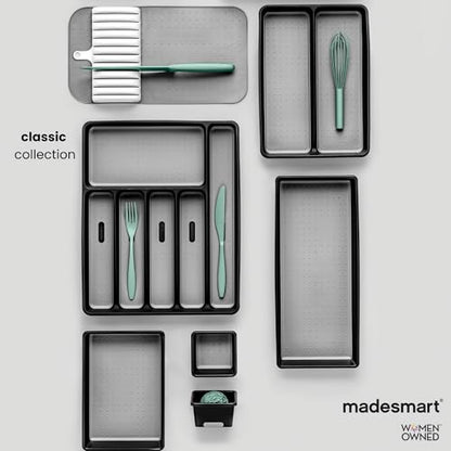 madesmart Classic Compact Silverware Tray with Soft Grip Lining, Carbon | Nonslip feet, 5 compartments, small drawer fit, forks, knives, spoons, cutlery, flatware - color: Carbon