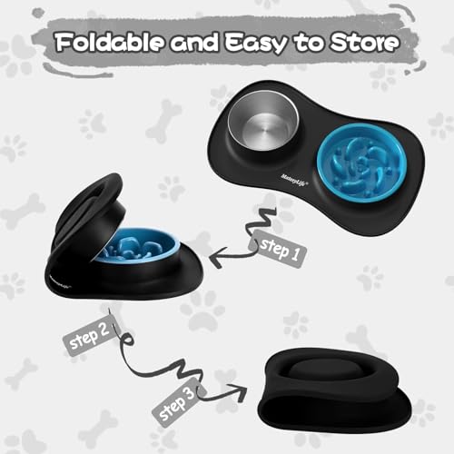 MateeyLife Dog Food and Water Bowl Set 3 in 1, Slow Feeder Dog Bowls & Stainless Steel Water Bowl with Non-Spill Silicone Mat, Cat and Puppy Bowls Pet Dishes for Small Medium Large Breed Anti-Choking - color: Black, size: Small