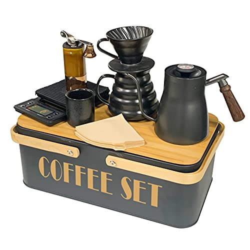 SOTECH Pour Over Coffee Maker Set Coffee Kettle Scale Ceramic Server Ceramic Dripping Cup Bean Grinder Filter Paper Ceramic Cup ALL in 1 Portable Metal Box for Traveling - color: black