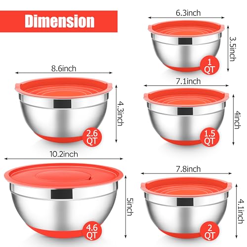 E-far Stainless Steel Mixing Bowls with Lids Set, 5-Piece Nesting Salad Bowls with 3 Grater Attachments and Non-Slip Bottoms, Size 4.6, 2.6, 2, 1.5, 1QT for Kitchen (Red) - color: Red, size: 5 Regular Sizes