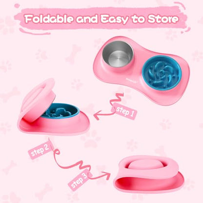 MateeyLife Dog Food and Water Bowl Set 3 in 1, Slow Feeder Dog Bowls & Stainless Steel Water Bowl with Non-Spill Silicone Mat, Cat and Puppy Bowls Pet Dishes for Small Medium Large Breed Anti-Choking - color: Pink, size: Large