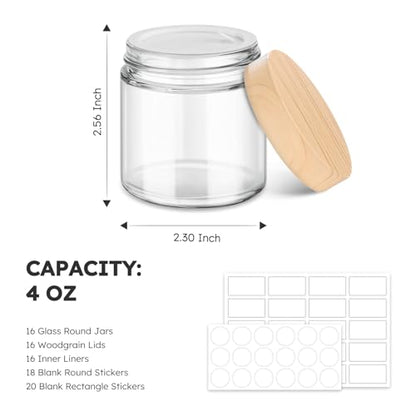16 Pack 4 OZ Glass Jars with Lids, Small Glass Containers with Plastic Woodgrain Lids & Inner Liners, Reusable Travel Containers for Creams, Makeup, Lotion, Cosmetic, Ointment - color: Clear-16 Pack-4oz