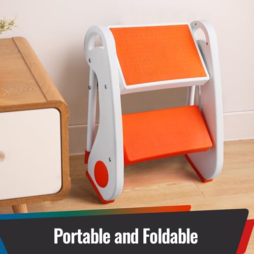 Toddler Step Stool - Foldable 2-Step Stool with Non-Slip Rubber Feet & Platform, Safety Lock, 300lbs Capacity, Lightweight for Potty Training, Bathroom Sink, Kitchen, Orange