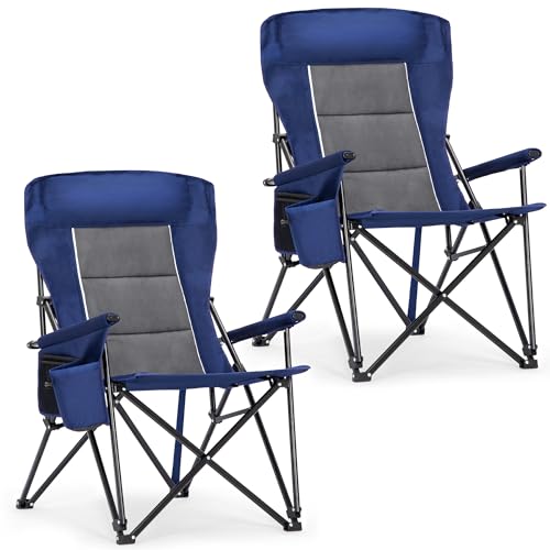 ALPHA CAMP Oversized Folding Camping Chairs High Backrest Heavy Duty Lawn Chairs for Adults Support 500 LBS Portable Camp Chairs with Cup Holders Large Side Pocket Outdoor Chair 2 Pack - color: Navy Blue-2