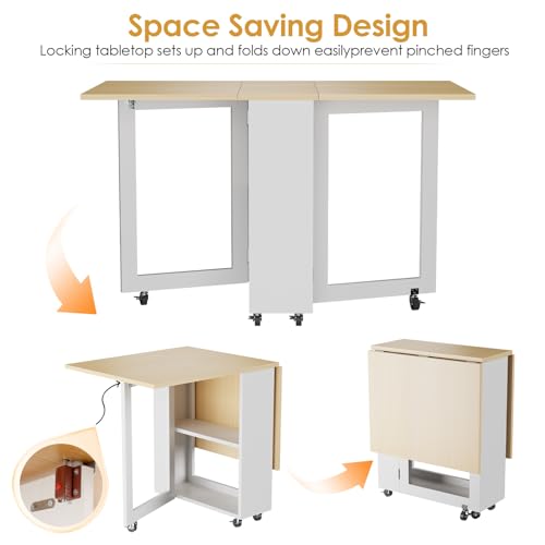 LotFun Folding Dining Table, Space-Saving Dining Table with 6 Rolling Wheels and 2-Tier Storage Shelf, Kitchen Table for Small Spaces - color: White
