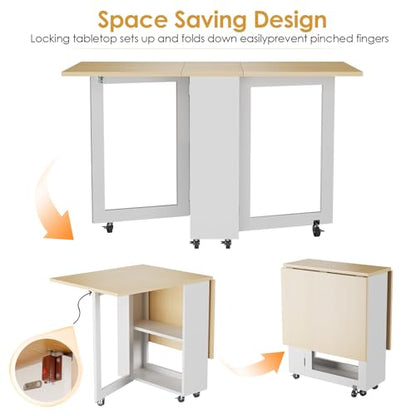 LotFun Folding Dining Table, Space-Saving Dining Table with 6 Rolling Wheels and 2-Tier Storage Shelf, Kitchen Table for Small Spaces - color: White