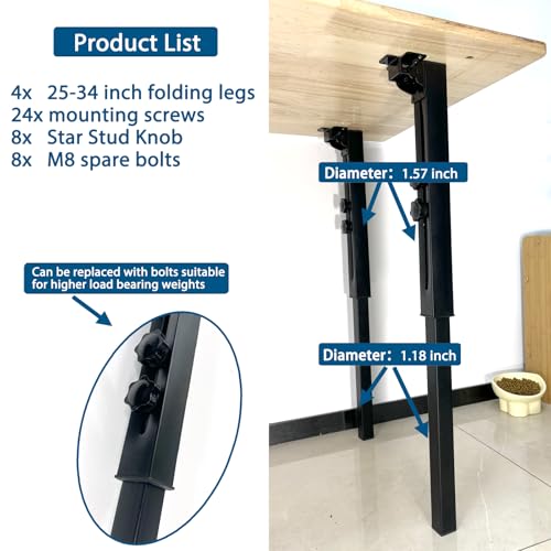 Benbuoo Adjustable Height Table Legs Folding Tall Metal Desk Legs Heavy Duty Foldable Furniture Legs for Tabletops, Computer Table, Office Desk, DIY Desk, RV, Counter, Outdoor Set of 4 - size: S25''-34'' 4pcs