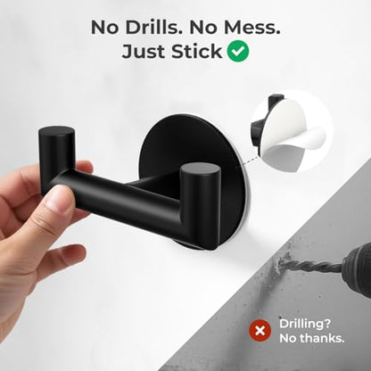 GWAAZXGZ 2 Pack Black Bathroom Hooks for Towels - Self Adhesive Double Hooks for Wall, No Drilling, Matte Finish, Strong Hold for Robes, Coats, Shower Use - color: Black