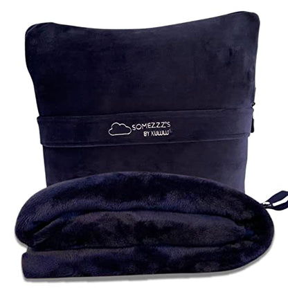 Kululu Travel Blanket and Pillow Set, Airplane Blanket Compact 2-in-1 Combo Set, Flight Essentials Poncho with Pocket, Pouch & Luggage Backpack Strap | Travelers Gifts Accessories 62"x45" (Space Blue) - color: Space Blue