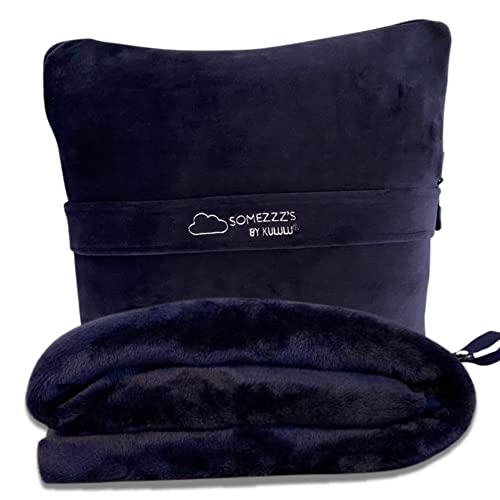 Kululu Travel Blanket and Pillow Set, Airplane Blanket Compact 2-in-1 Combo Set, Flight Essentials Poncho with Pocket, Pouch & Luggage Backpack Strap | Travelers Gifts Accessories 62"x45" (Space Blue) - color: Space Blue