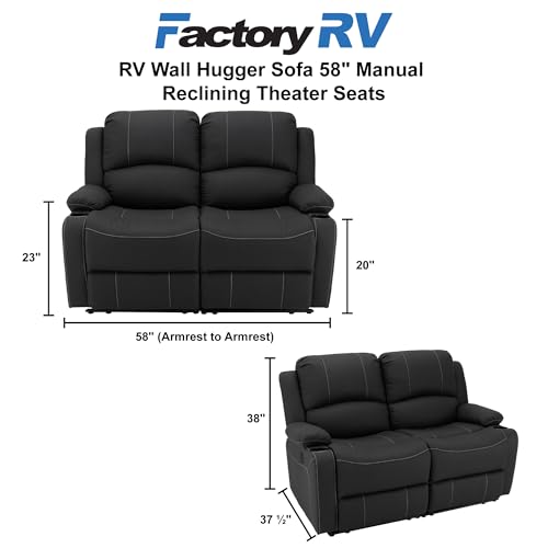 Camper Comfort 58" Wall Hugger Reclining RV Theater Seats | Double Recliner RV Sofa | RV Couch | Wall Hugger Recliner | RV Theater Seating | RV Furniture (Manual, Black w/White Stiching) - color: Black W/ White Stiching, style: Manual