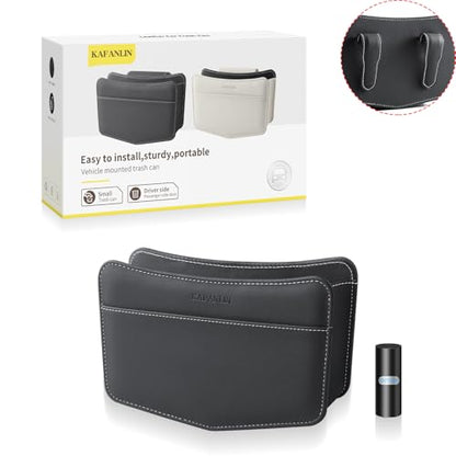 Car Trash Can Small Leather Vehicle Trash Bin Car Dustbin Garbage Organizer Holder with Trash Bag Foldable Mini Cars Storage Bag Container for Auto SUV Van Trucks (Black,Clip on) - color: black, style: clip on