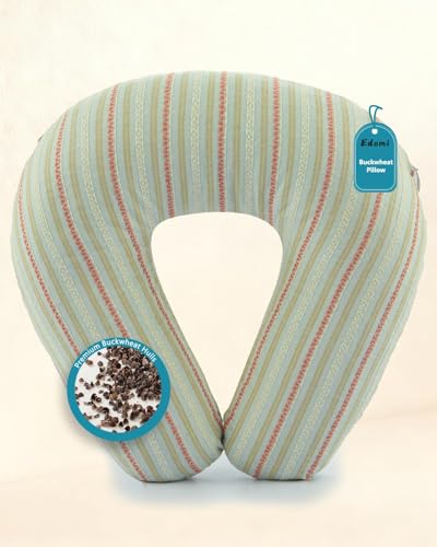 Buckwheat U Shaped Neck Pillow - 12''x12'' Adjustable Cervical Support Pillow with Breathable Buckwheat Hulls, Removable Cotton Cover, Ideal for Airplane, Office or Home Use (Grey) - color: Stripe-grey