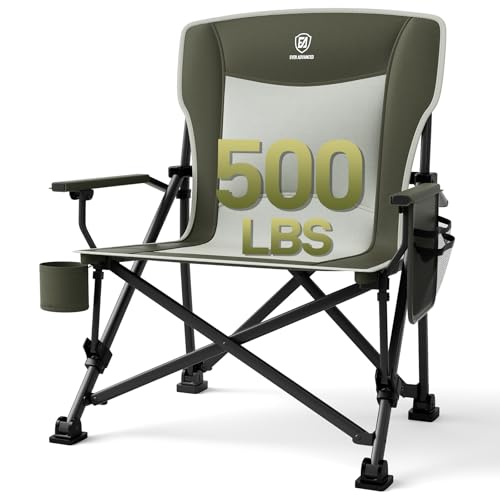 EVER ADVANCED Oversized Folding Camping Chair, for Adults Heavy Duty Lawn Chair with Side Pockets, Portable Collapsible Quad Chair for Outside, Support Up to 500lbs, Green - color: Green
