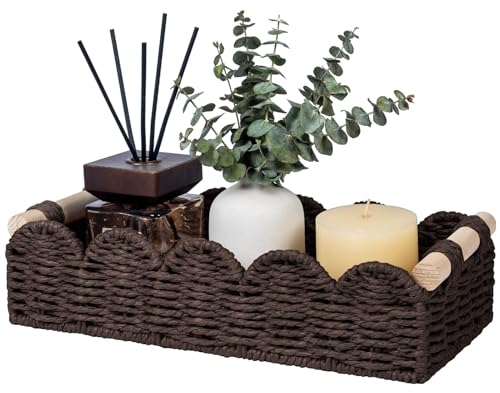 CubesLand Toilet Paper Storage Basket Organizer, Small Wicker Toilet Tank Top Decorative Baskets for Countertop, Handwoven Scalloped Basket w/handle for Home Decor, Living Room, Bedroom, Brown - color: Brown, size: s - 12.99 X 6.3 X 3.15in