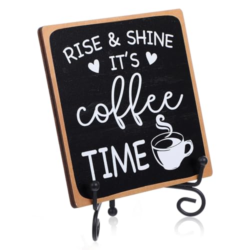 YUXIANLB Coffee Bar Sign Decor 4"X 4" Rise & Shine It's Coffee Time Wooden Plaque for Home Kitchen Bar Tabletop Rustic Farmhouse Wood Cafe Signs with Stand for Cafe Corner Shelf Table Decorations