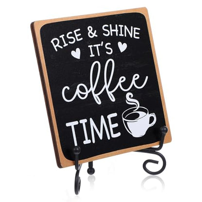 YUXIANLB Coffee Bar Sign Decor 4"X 4" Rise & Shine It's Coffee Time Wooden Plaque for Home Kitchen Bar Tabletop Rustic Farmhouse Wood Cafe Signs with Stand for Cafe Corner Shelf Table Decorations