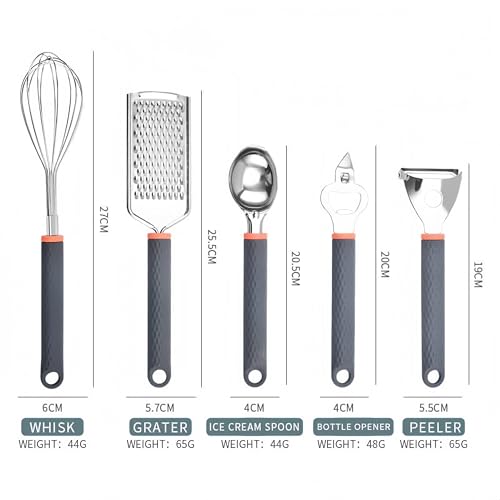 9-in-1 Kitchen Gadgets Set: Whisk, Grater, Ice Cream Spoon, Bottle Opener, Peeler, Cheese Knife, Pizza Cutter, Garlic Press & Can Opener - Space Saving Utensil Organizer for Small Kitchen