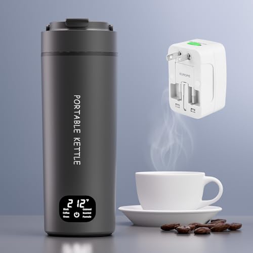 Dual Voltage Portable Electric Kettle Travel Hot Water for Tea, Coffee, 6 Temperature Controls and LCD Display, 316 Stainless Steel and 450ml, Auto Shut Off & Boil Dry Protection - color: Grey with Adapter