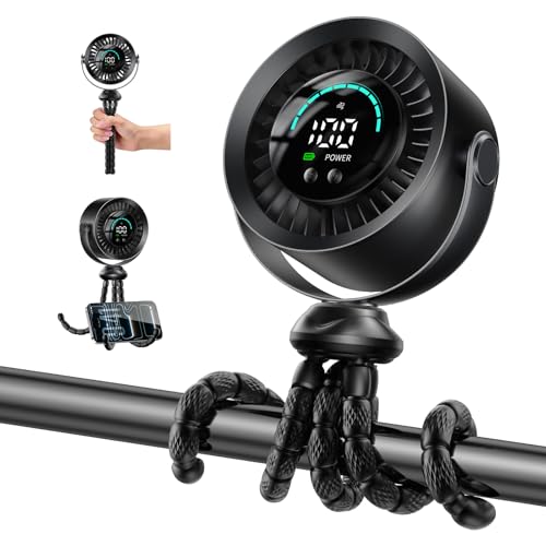 KIMMOO Portable Baby Stroller Fan, 360° Adjustable Quiet Rechargeable USB Fan with LED Display, 100 Speeds Safe Clip Fan for Stroller, Powerful Cooling Fan for Golf Car Seat Treadmill Travel, Black - color: Black