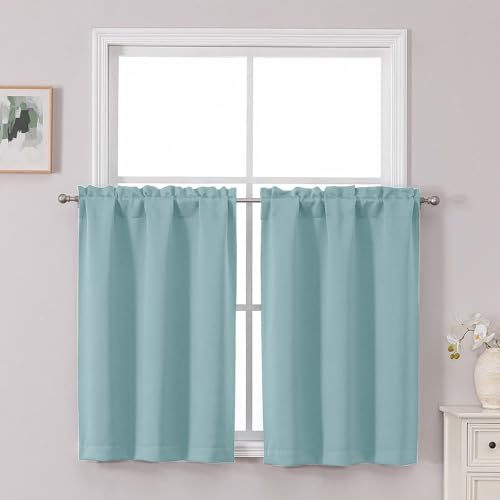 Chyhomenyc Short Aqua Curtains 36 Inch Length, Small Kitchen Curtain Tier Rod Pocket Half Window Curtains for Basement Cabinet Camper RV Bunk, 2 PCS, Each 30Wx36L, Aqua - color: Aqua, size: 30"W x 36"L (Pack of 2)