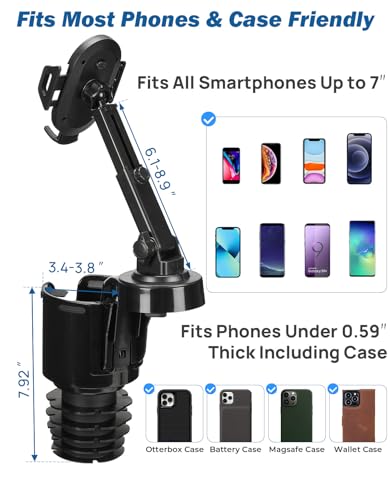 JOYTUTUS Cup Holder Phone Mount for Car, Car Cellphone Large Adapter Long Arm with 360 Degree Rotation, Compatible iPhone, Samsung & All Smartphones,Black,1 Pack - color: Black