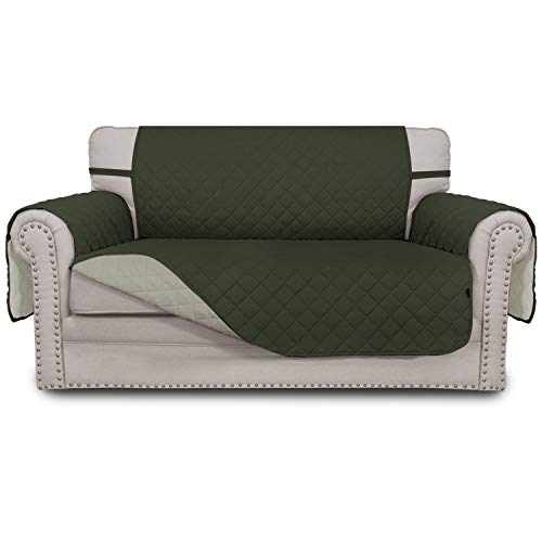 Easy-Going Reversible Loveseat Couch Cover for 2 Cushion Couch Sofa Cover for Dogs Water Resistant Furniture Protector with Foam Sticks Elastic Straps for Pet (Loveseat, Army Green/Beige) - color: Army Green/Beige, size: Medium Loveseat