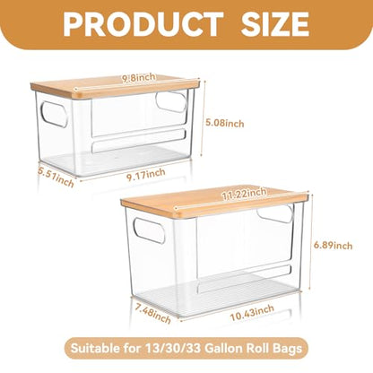 Trash Bag Holder Dispenser 2 Pack, Garbage Bag Dispenser with Bamboo Lid & Handles, Stackable Clear Trash Bag Organizer Under Sink for Kitchen, Pantry, Laundry Room, Cabinet (XL+S) - size: S + XL