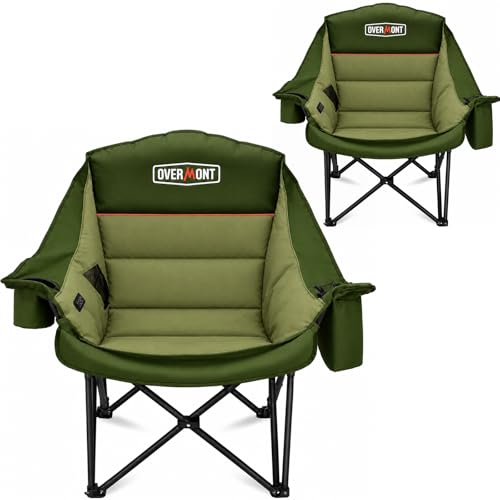 Overmont Gentle Heated Oversized Camping Chair for Adults - 3 Levels Seat & Back Separately Control - 500lbs Support Heavy Duty Padded Folding Chair Outdoor Garden Portable - Battery NOT Included - color: Green Twin N