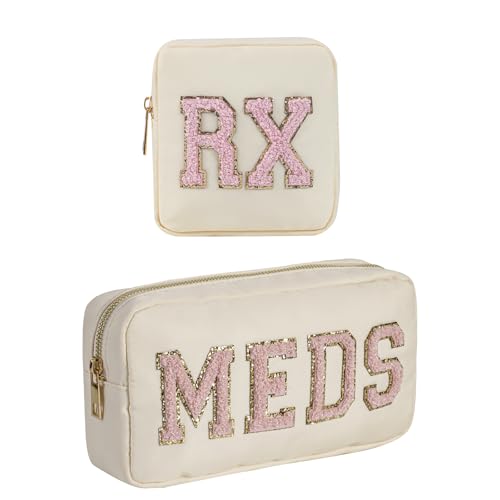 2Pcs Chenille Letter Patch Nylon Medicine Makeup Bag Set,Cute MEDS Travel Makeup Bag with Metal Zipper, First Aid Purse Organizer Cosmetic Bag for Women and Girls(Beige MEDS-RX) - color: Beige MEDS-RX