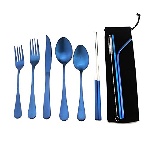 Blue Reusable Utensils with Case Camping Travel Silverware Set,Portable Stainless Steel Cutlery Set - Matte Flatware Set Knife Fork Spoon Mirror Straws Chopsticks - for Office Lunch, Hiking, School - color: Blue