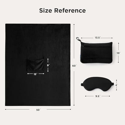 Bedsure Travel Blanket Airplane Compact with Storage Bag, Packable Blanket with Eye Mask, Lightweight 2-in-1 Travel Essentials, Functioned as Pillow for Airplane Comfort and Warmth, Black - color: Black