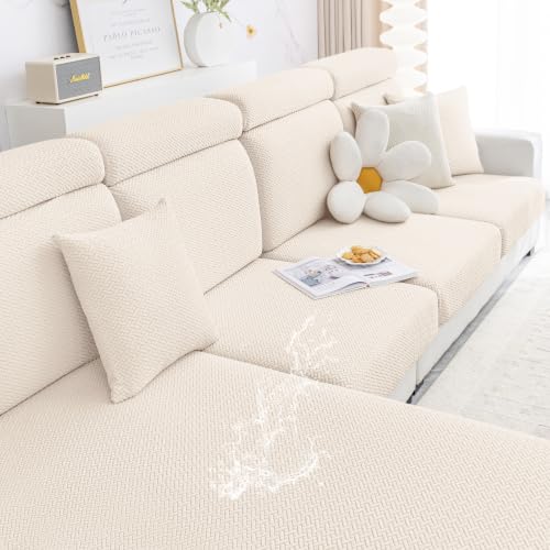 Smiry Waterproof Couch Cushion Covers, Stretch Jacquard Thick Sofa Cushion Covers, Washable Seat Slipcover Elastic Furniture Protector for Pets, Kid (2PC, Light Biege) - color: Light Biege, size: Seat Cushion 2PC